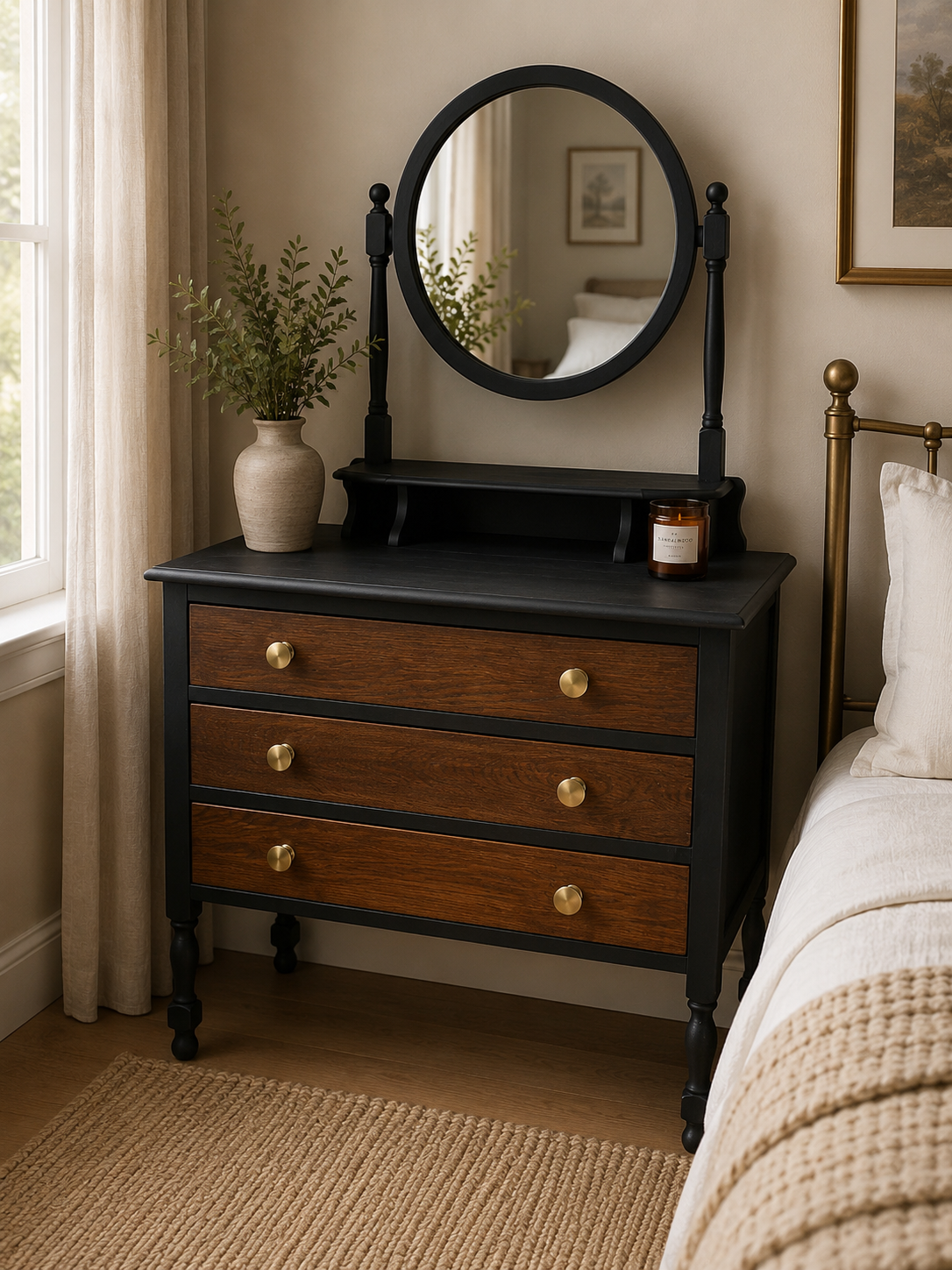 Black & Walnut Antique Pine Dresser with Mirror – Rescued & Restored
