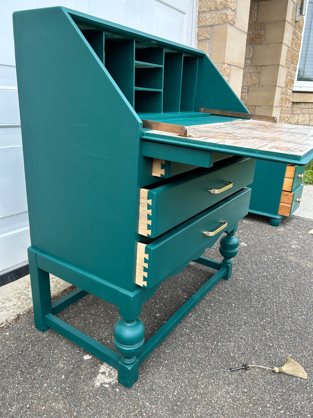 Emerald Green Restored Bureau – World Map Writing Surface & Original Key