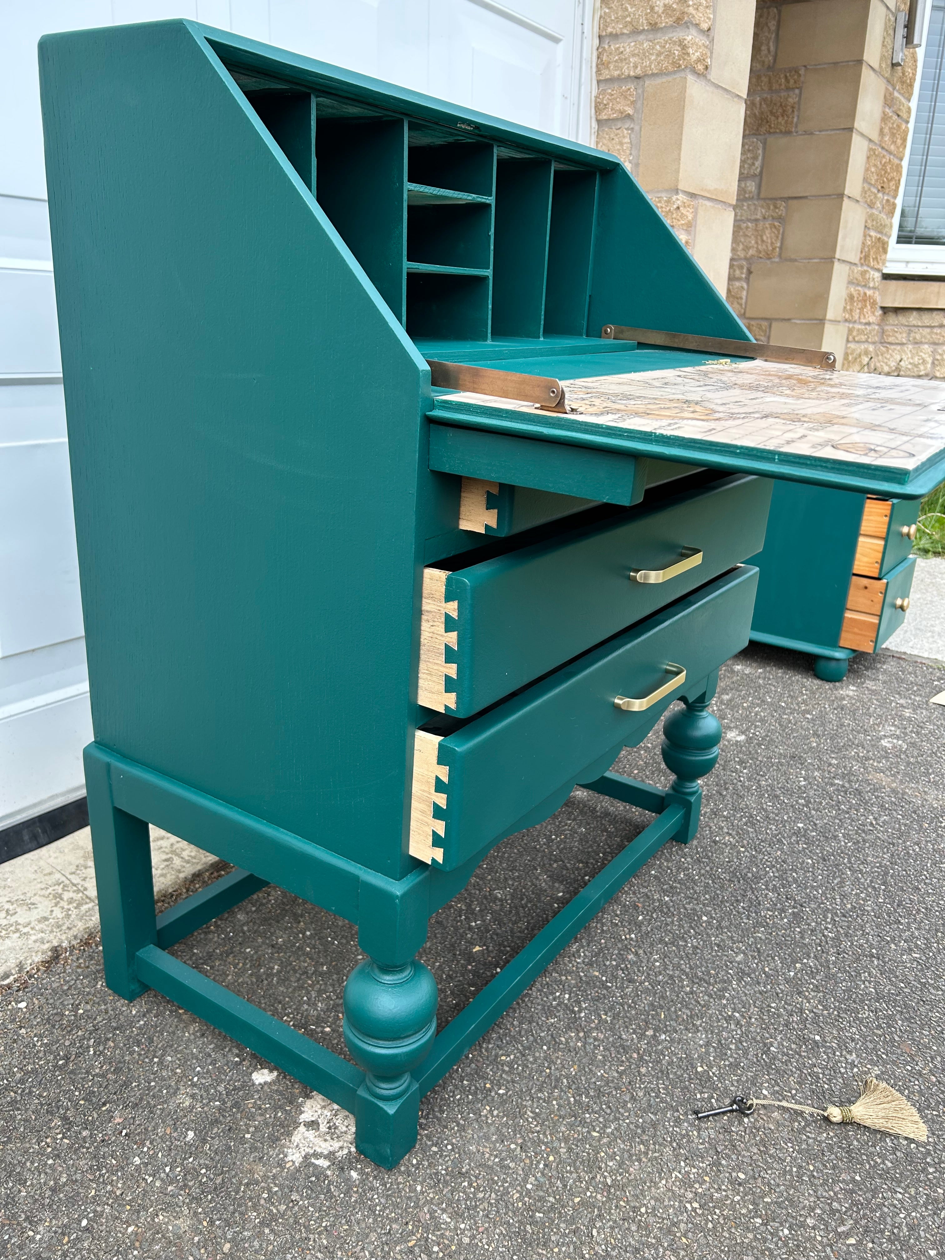 Emerald Green Restored Bureau – World Map Writing Surface & Original Key