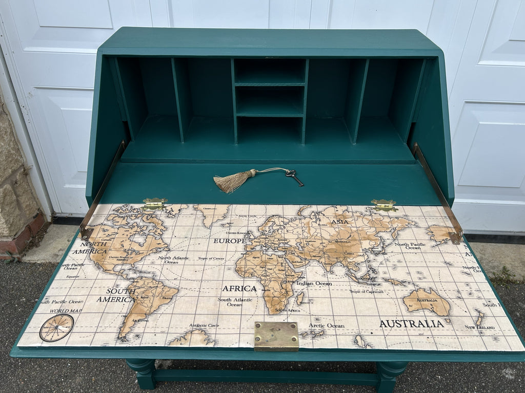 Emerald Green Restored Bureau – World Map Writing Surface & Original Key