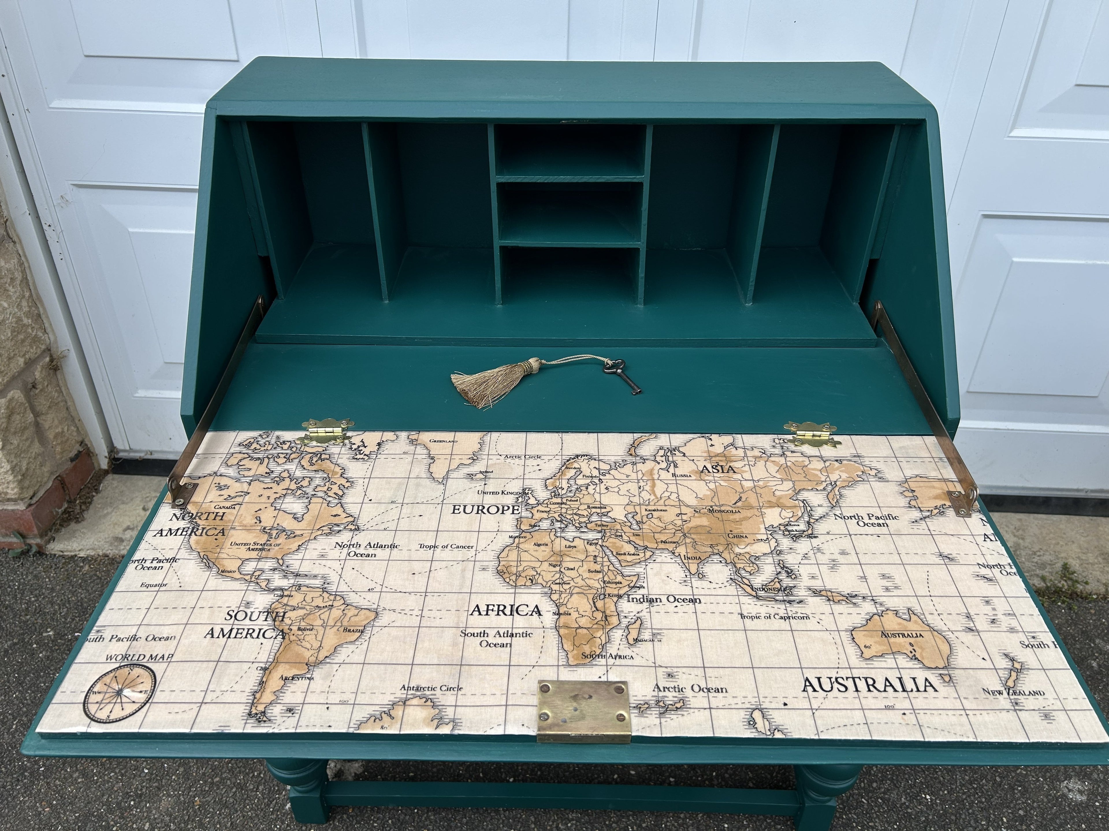Emerald Green Restored Bureau – World Map Writing Surface & Original Key