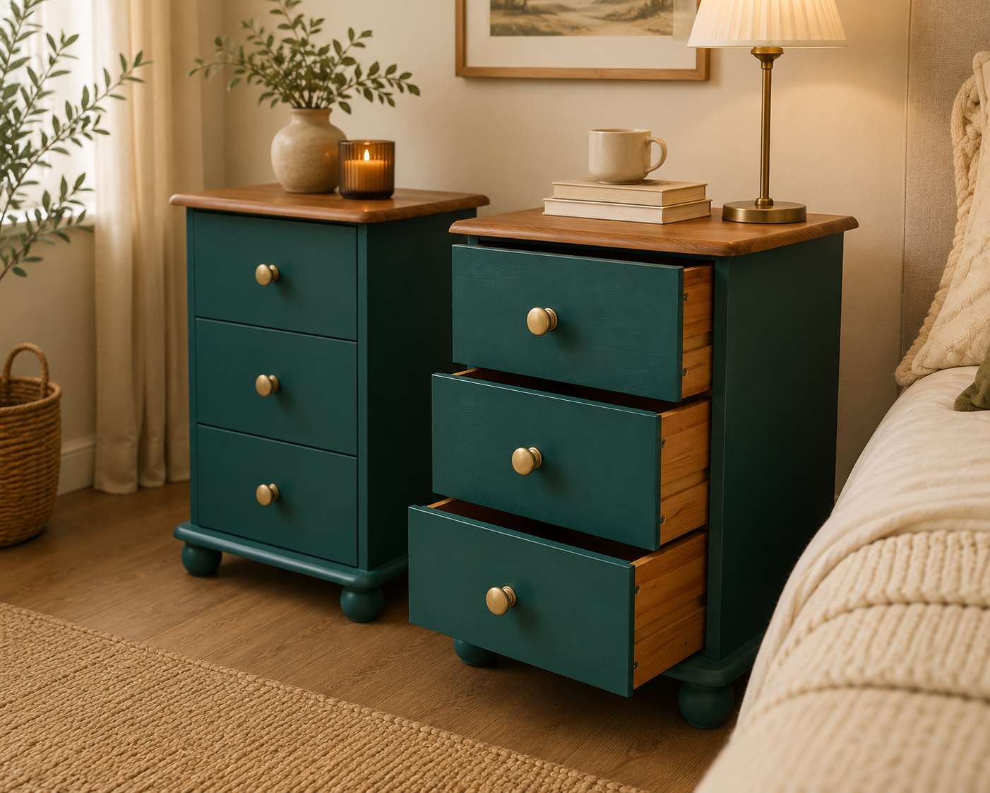 Emerald Pine Bedside Tables – Rescued & Restored Pair