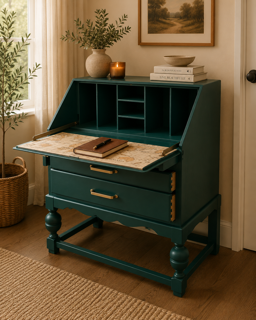 Emerald Green Restored Bureau – World Map Writing Surface & Original Key