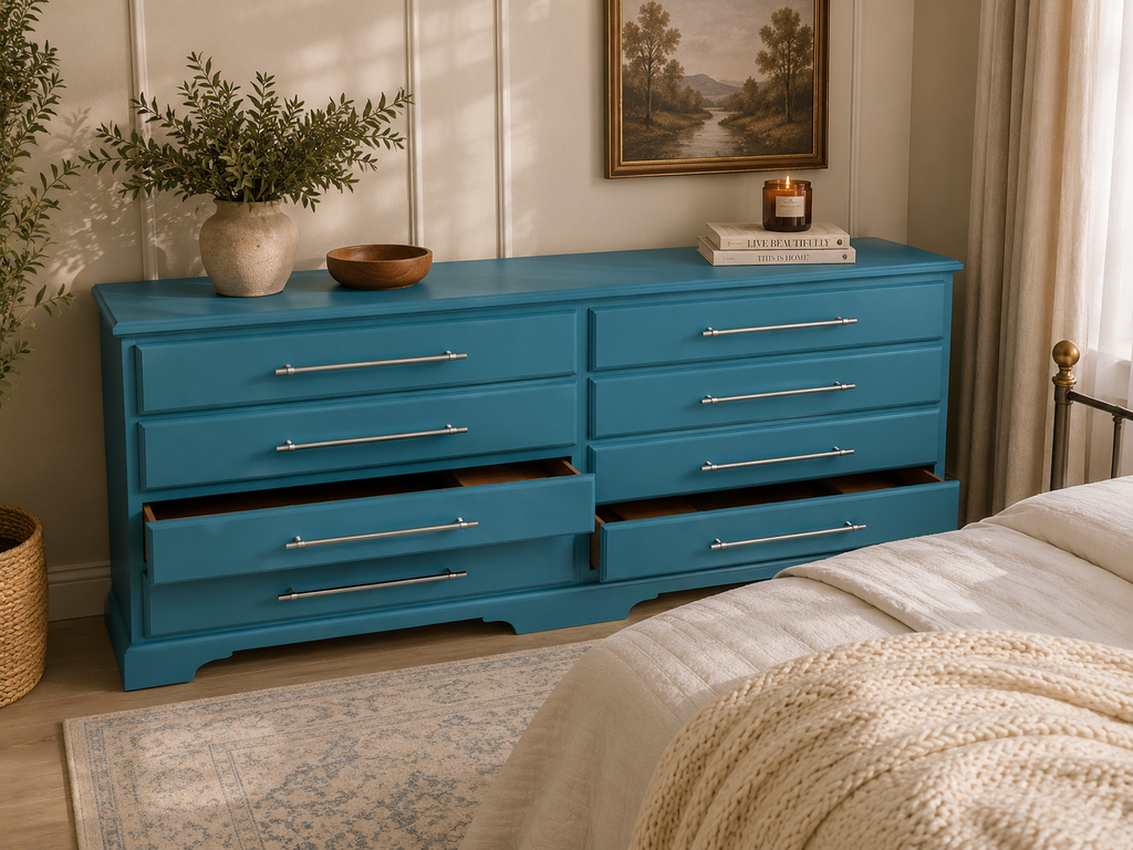 Teal Green Restored Chest of Drawers – Pond Ripple & Antique Brass Handles