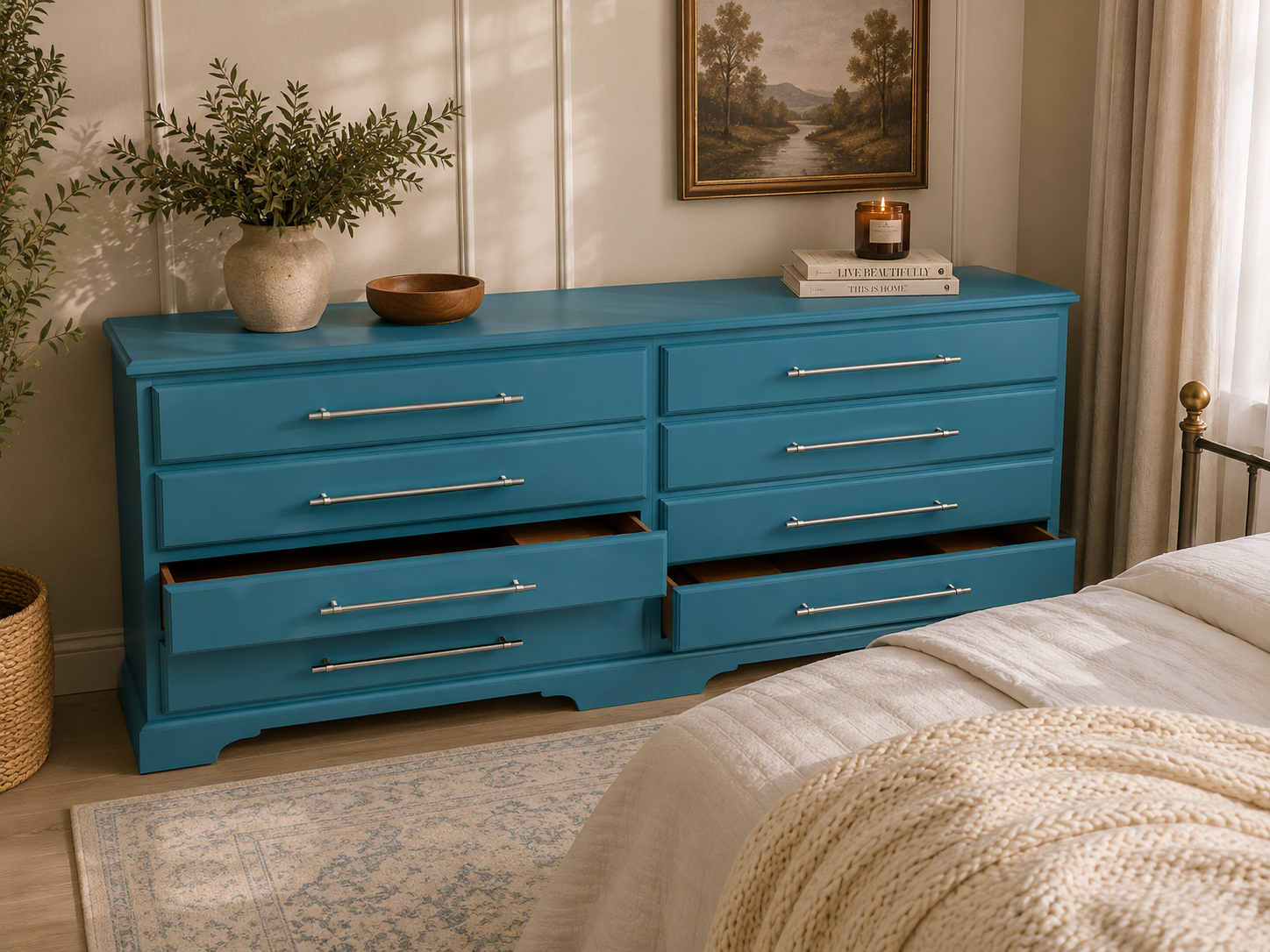 Teal Green Restored Chest of Drawers – Pond Ripple & Antique Brass Handles