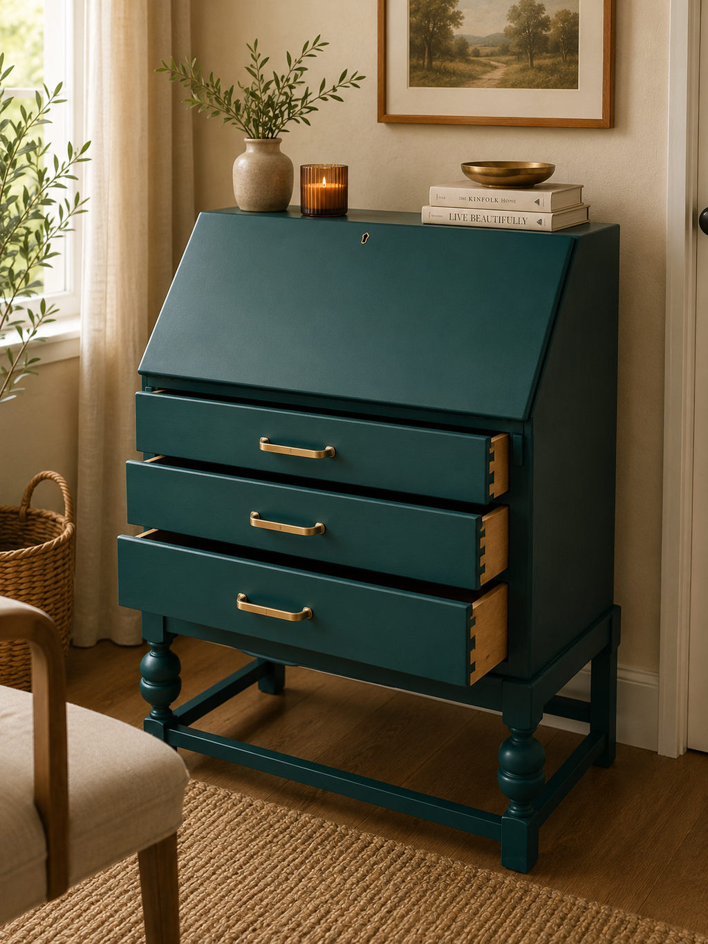 Emerald Green Restored Bureau – World Map Writing Surface & Original Key