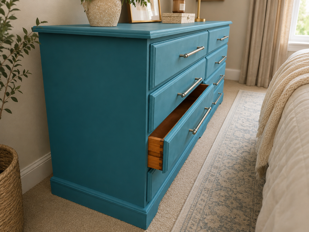 Teal Green Restored Chest of Drawers – Pond Ripple & Antique Brass Handles